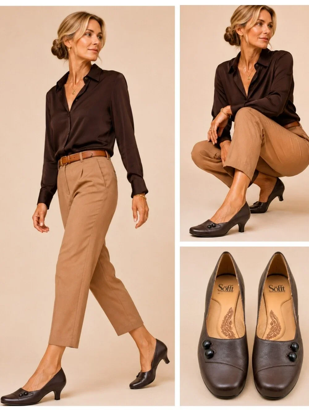 Söfft Brown Leather Kitten Heel Comfort Pumps 8W Wide Button Accent S4244